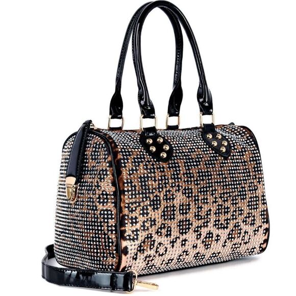 Animal Print Rhinestone Bling Satchel Handbag Purse - Picture 4 of 7